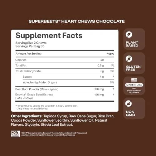 Humann SuperBeets Heart Chews Chocolate Flavor 60 Count (1.7 oz) | Nitric Oxide & Blood Pressure Support thumbnail 8
