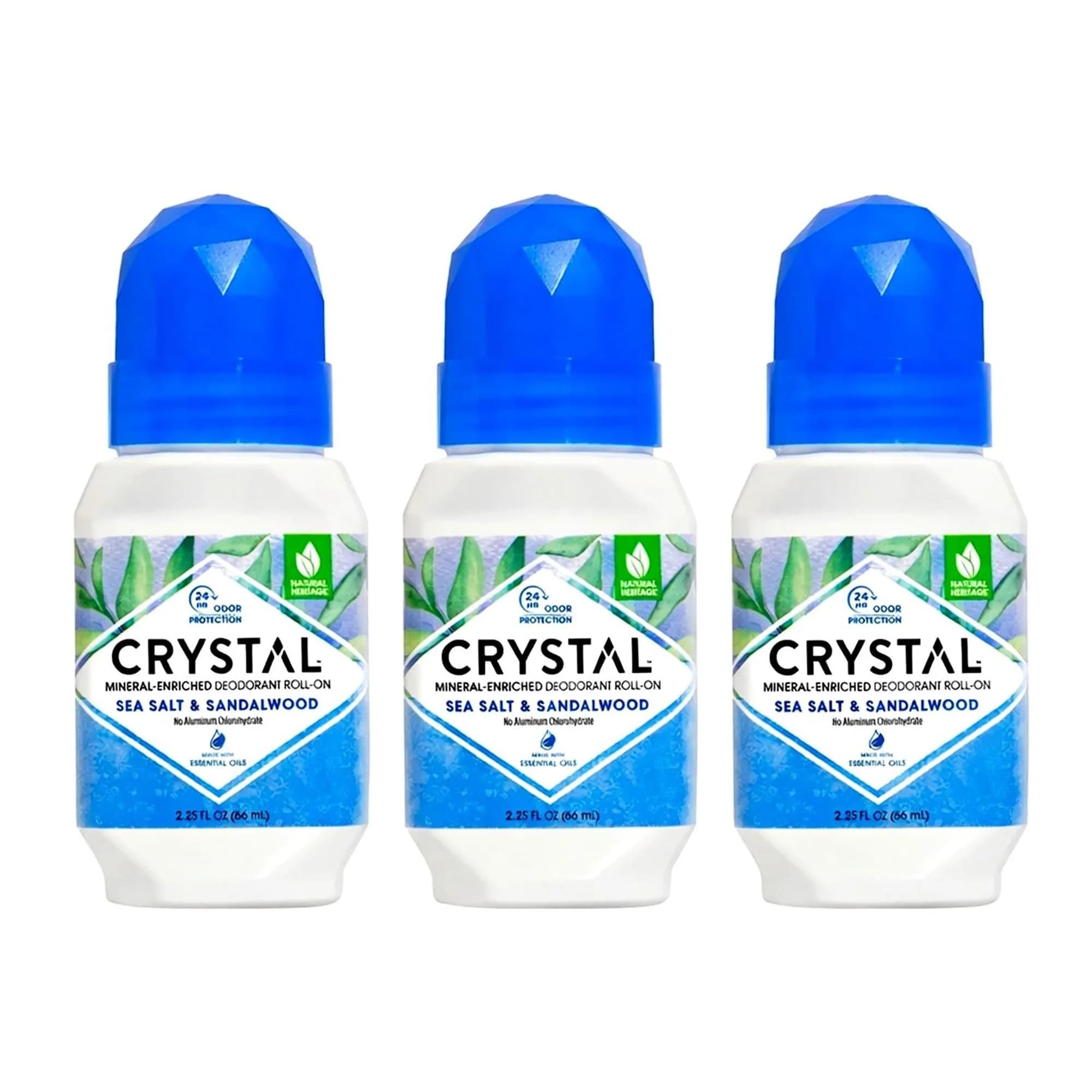 Crystal Essence Mineral Deodorant Roll-On Sea Salt & Sandalwood 2.25 Fl Oz Pack of 3 | 24-Hour Odor Control, Aluminum & Paraben Free