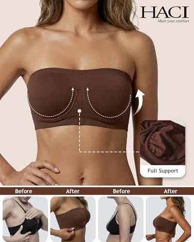 HACI Women's Non Padded Strapless Bra Underwire Bandeau (Brown, XX-Large) | Supportive, Seamless & Comfortable Fit thumbnail 2
