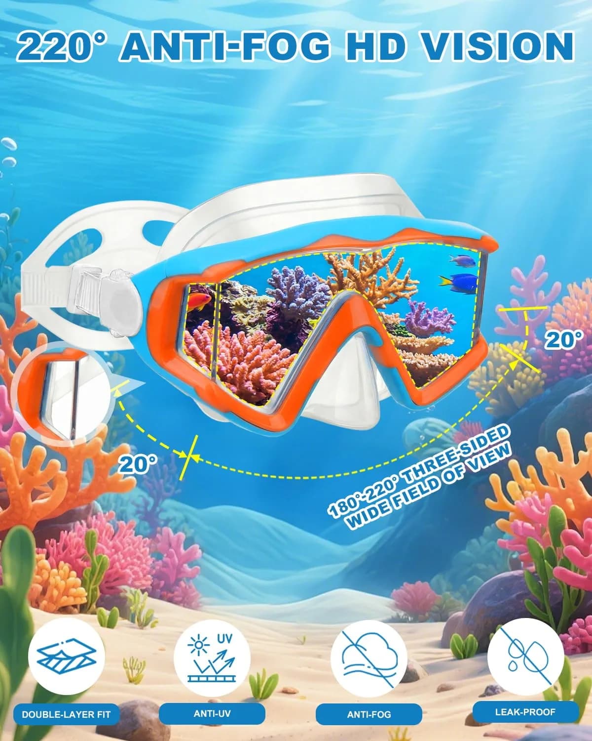 AQUA A DIVE SPORTS Kids Dive Mask with Single Lens & Adjustable Strap | Blue Orange/Purple Blue - view 5