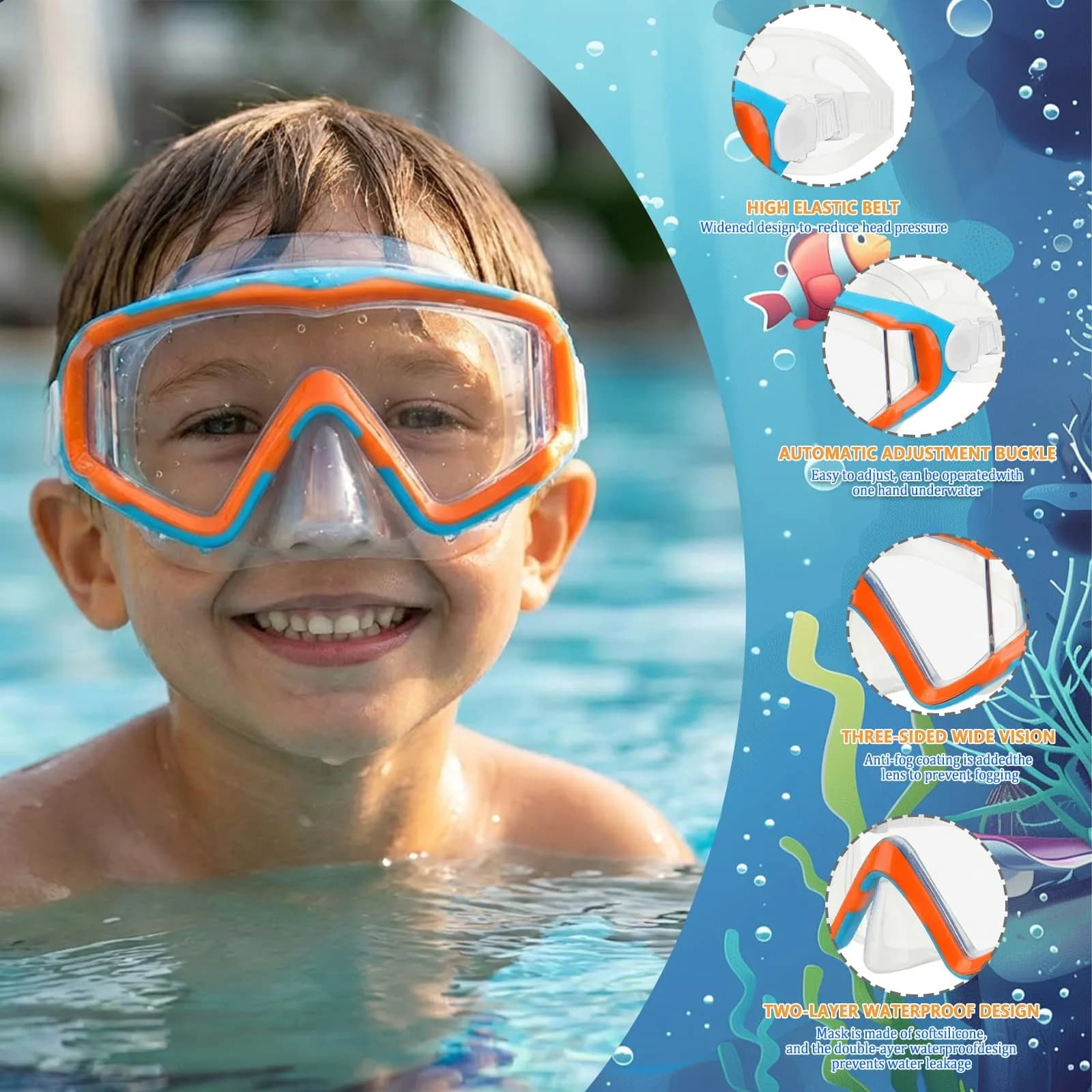 AQUA A DIVE SPORTS Kids Dive Mask with Single Lens & Adjustable Strap | Blue Orange/Purple Blue - view 3