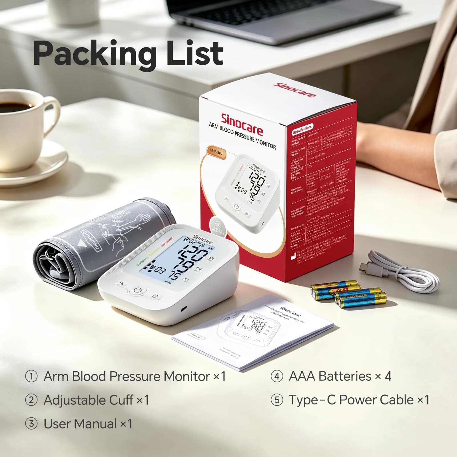 Sinocare ARM-30V Automatic Arm BP Monitor (8.6-16.5 inch Cuff) | FDA Cleared with Backlit LCD & Dual Power - view 8