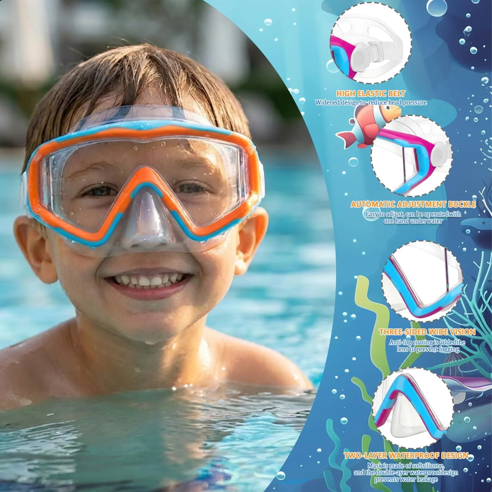 AQUA A DIVE SPORTS Purple Blue/Blue Pink Kids Diving Mask with 180° Wide View Anti-Fog - view 3