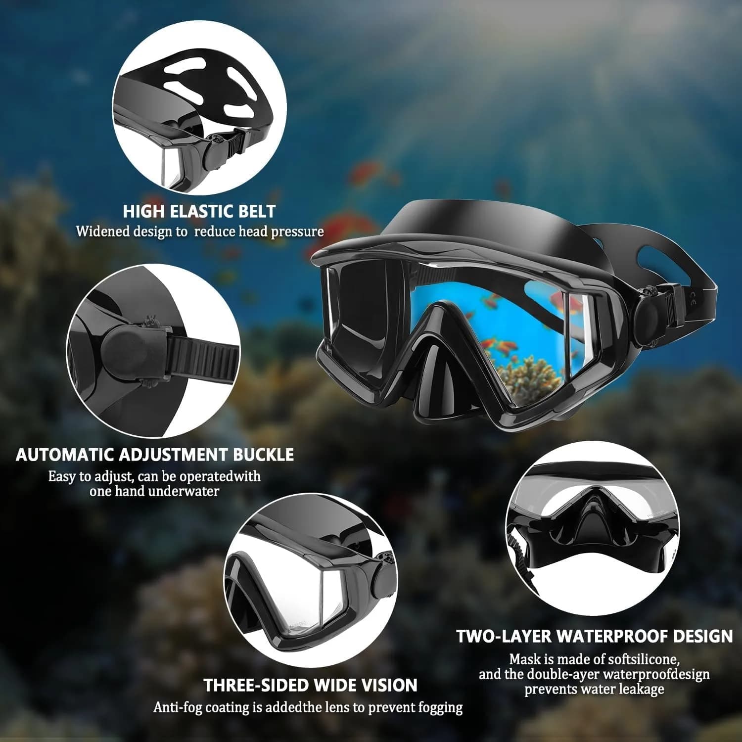 AQUA A DIVE SPORTS Black +Blue Single Lens Diving Mask | Wide View Anti-Fog for Adults - view 3