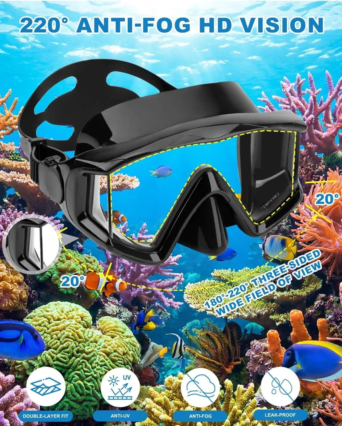 AQUA A DIVE SPORTS Black +Blue Single Lens Diving Mask | Wide View Anti-Fog for Adults - view 4