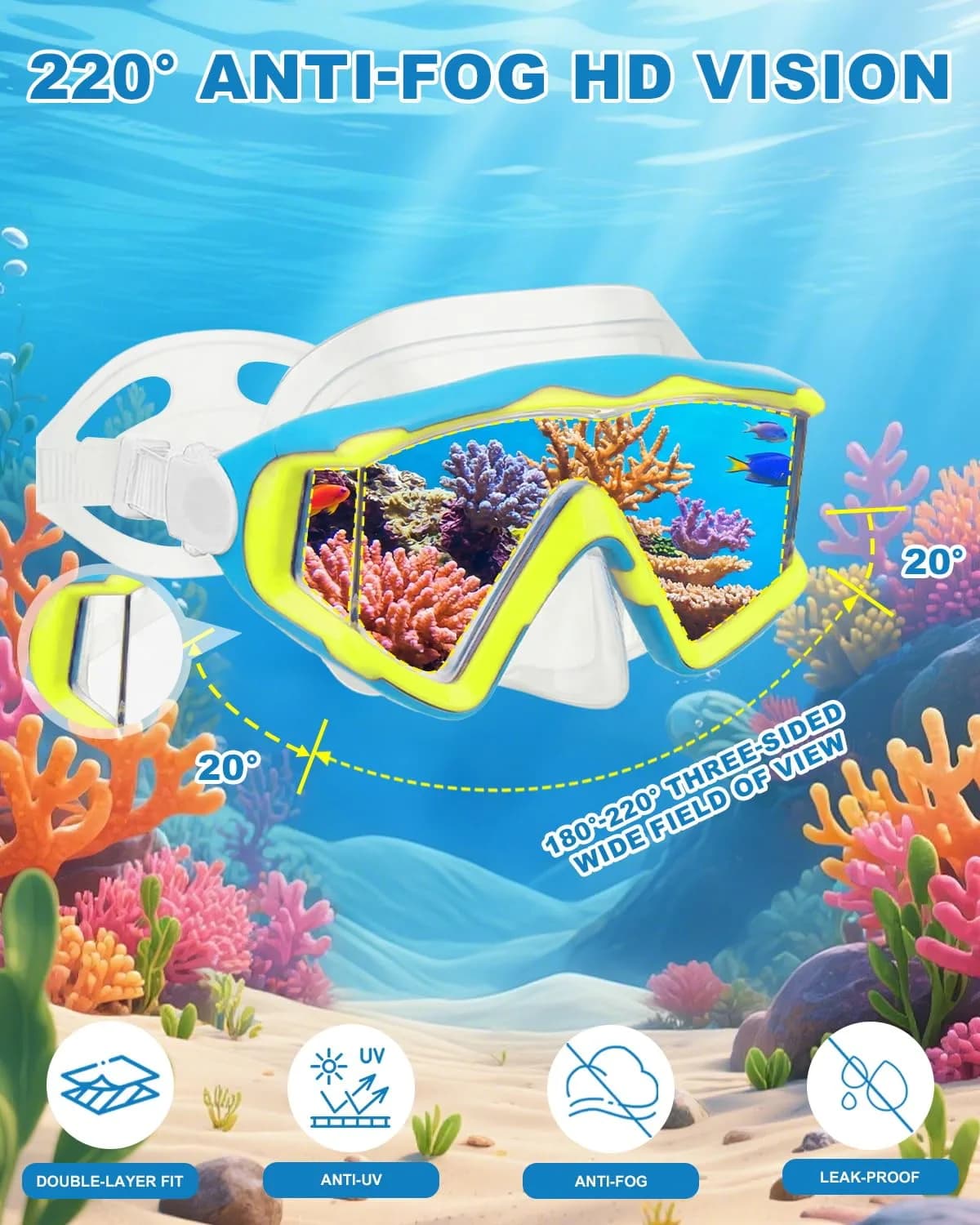 AQUA A DIVE SPORTS Kids Diving Mask Purple Blue/Blue Yellow | Single Lens Anti-Fog - view 5