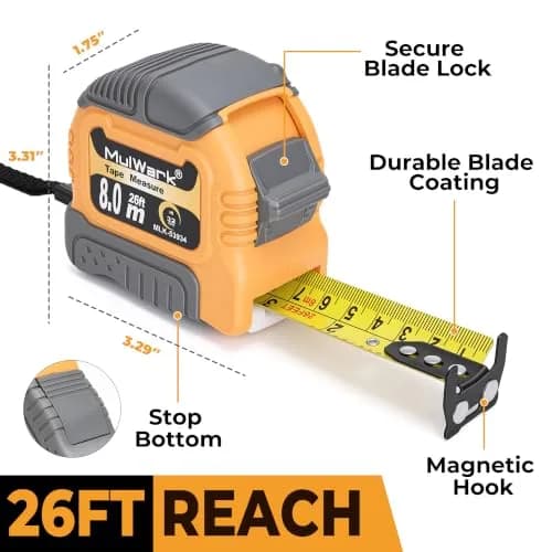 MulWark Wide Tape Measure 25 ft (7.62 m) | Double Secure Blade Lock, Magnetic Hook, Both-Side Metal Blade thumbnail 4