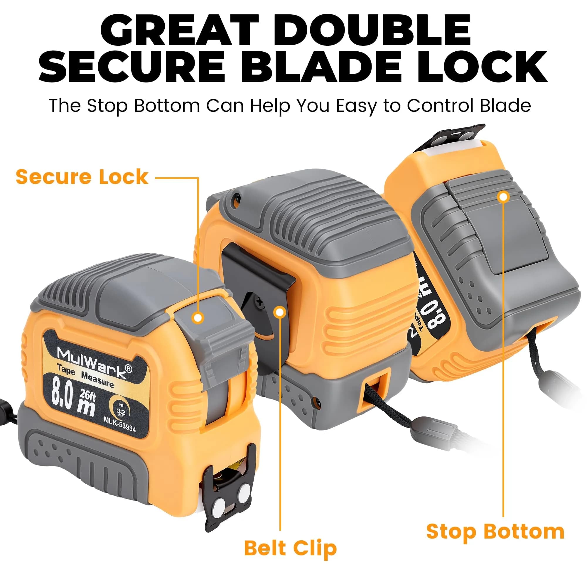 MULWARK Yellow-Grey 25 ft Retractable Tape Measure with Magnetic Hook & Shockproof Case - view 3
