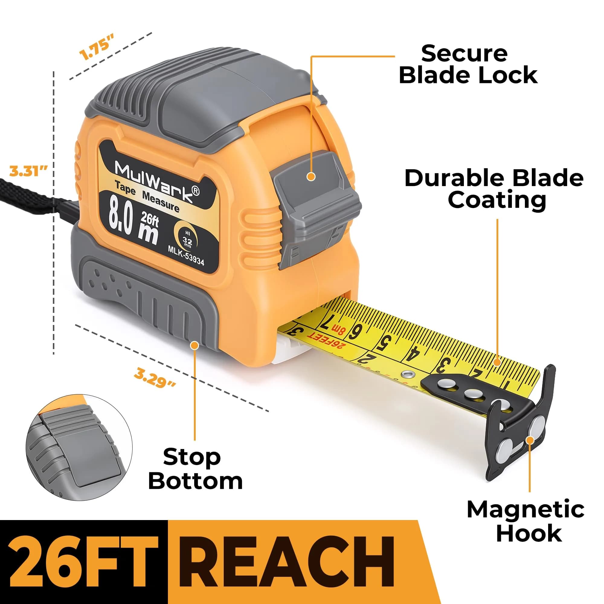 MULWARK Yellow-Grey 25 ft Retractable Tape Measure with Magnetic Hook & Shockproof Case - view 4