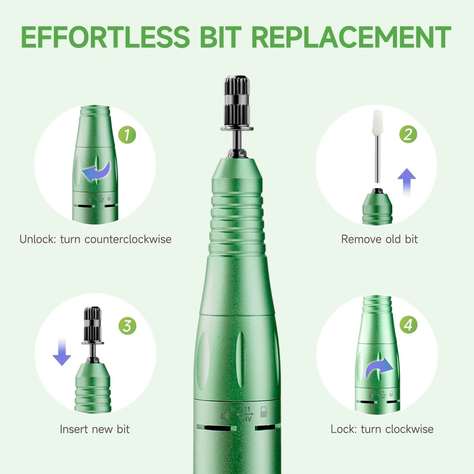HQMPHQ Professional Nail Drill 45000RPM Fresh Green | High-Speed Electric Nail File for Acrylic Gel Nails - view 6