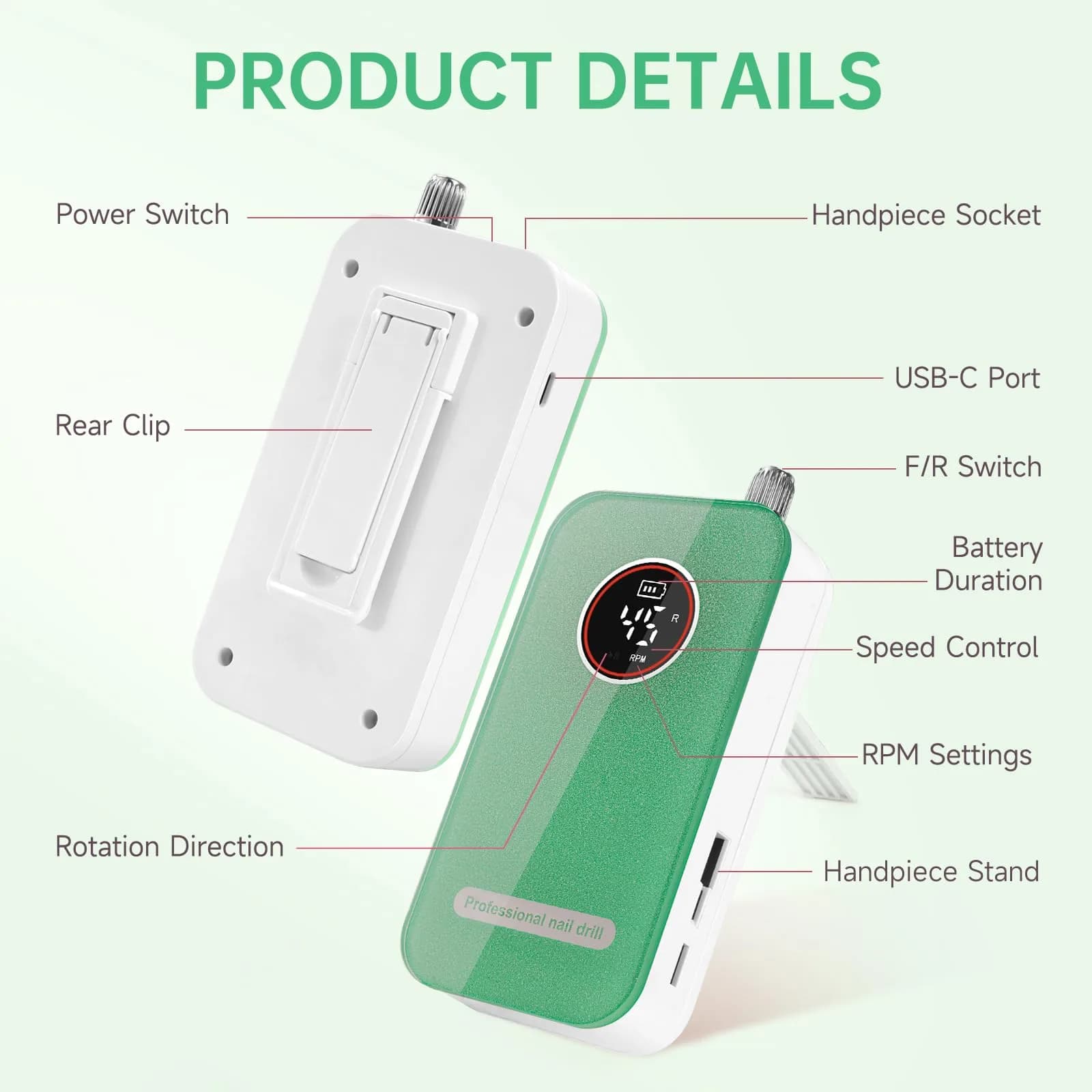 HQMPHQ Professional Nail Drill 45000RPM Fresh Green | High-Speed Electric Nail File for Acrylic Gel Nails - view 2