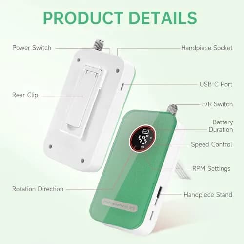 HQMPHQ Professional Nail Drill 45000 RPM Green | 11 Bits & 50 Bands thumbnail 2