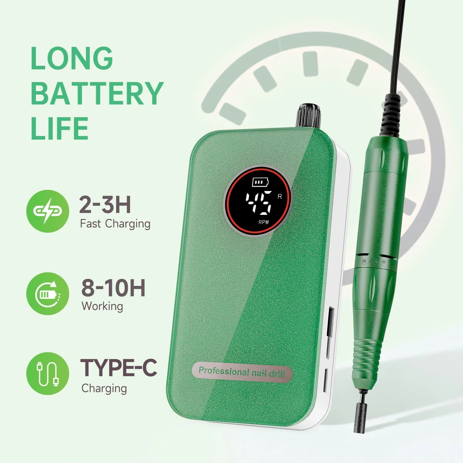HQMPHQ Professional Nail Drill 45000RPM Fresh Green | High-Speed Electric Nail File for Acrylic Gel Nails - view 4