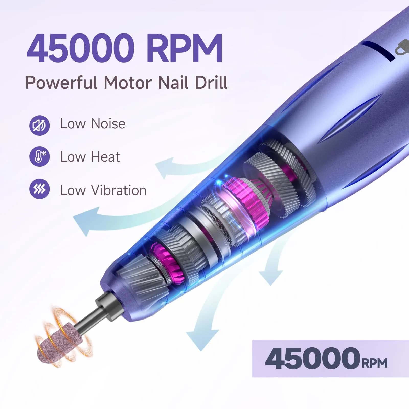 HQMPHQ Professional Nail Drill 45000RPM Purple | High-Speed Electric Nail File for Acrylic Gel Nails thumbnail 2