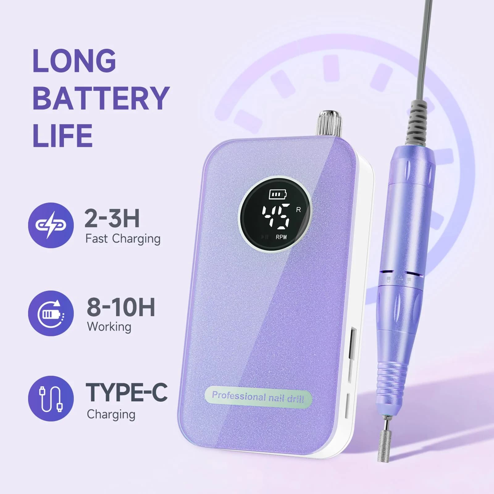 HQMPHQ Professional Nail Drill 45000RPM Purple | High-Speed Electric Nail File for Acrylic Gel Nails thumbnail 3