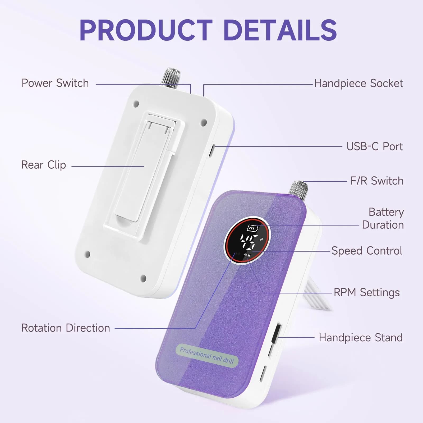 HQMPHQ Professional Nail Drill 45000RPM Purple | High-Speed Electric Nail File for Acrylic Gel Nails thumbnail 4