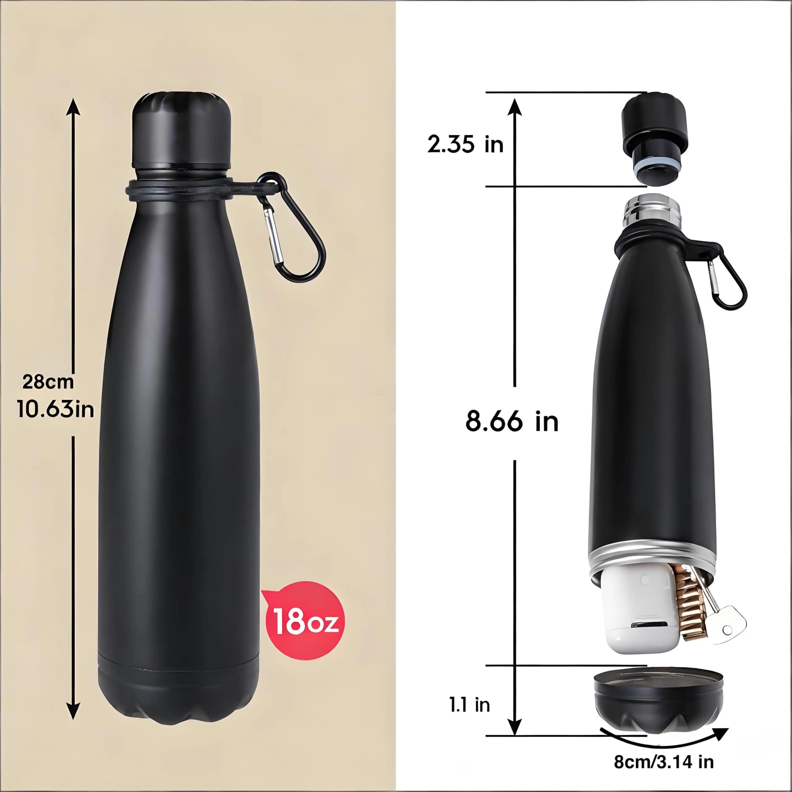 LetPetSet Black Stainless Steel Diversion Safe Water Bottle 532ml (18 Fl Oz) | Hide Valuables Discreetly - view 4