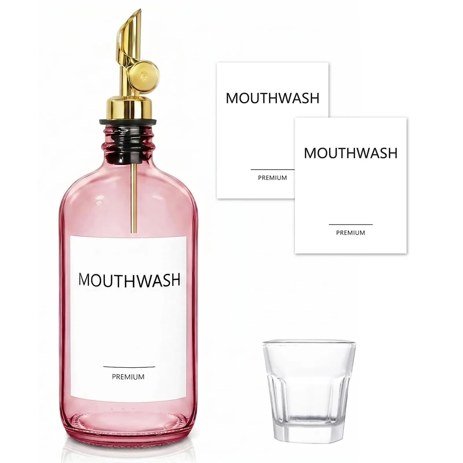 TOLDATLI Pink Glass Mouthwash Dispenser 502ml (17 fl oz) | Auto-Flip Cap for Precise Pouring
