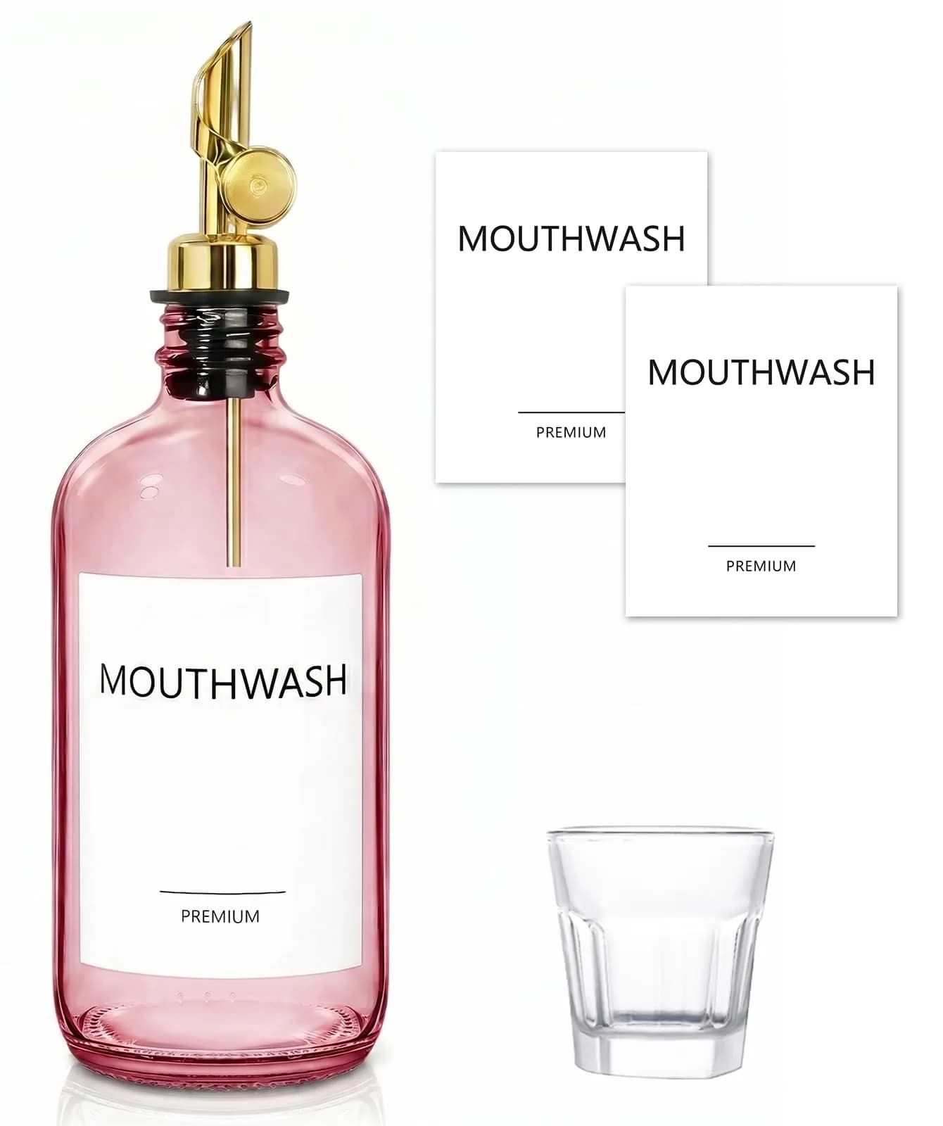 TOLDATLI Pink Glass Mouthwash Dispenser 502ml (17 fl oz) | Auto-Flip Cap for Precise Pouring - main product image