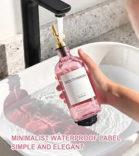 TOLDATLI Pink Glass Mouthwash Dispenser 502ml (17 fl oz) | Auto-Flip Cap for Precise Pouring thumbnail 5