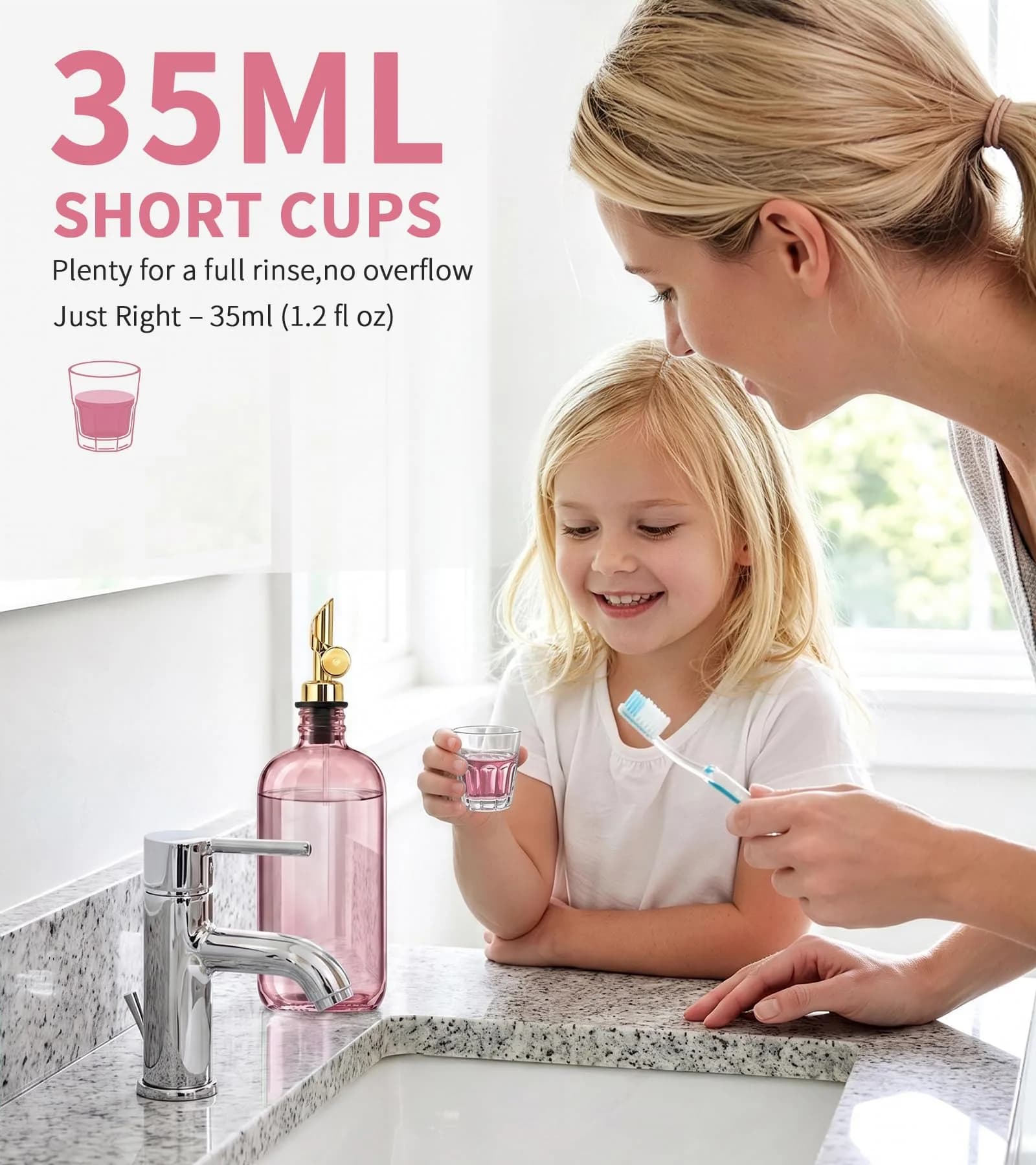 TOLDATLI Pink Glass Mouthwash Dispenser 502ml (17 fl oz) | Auto-Flip Cap for Precise Pouring - view 6