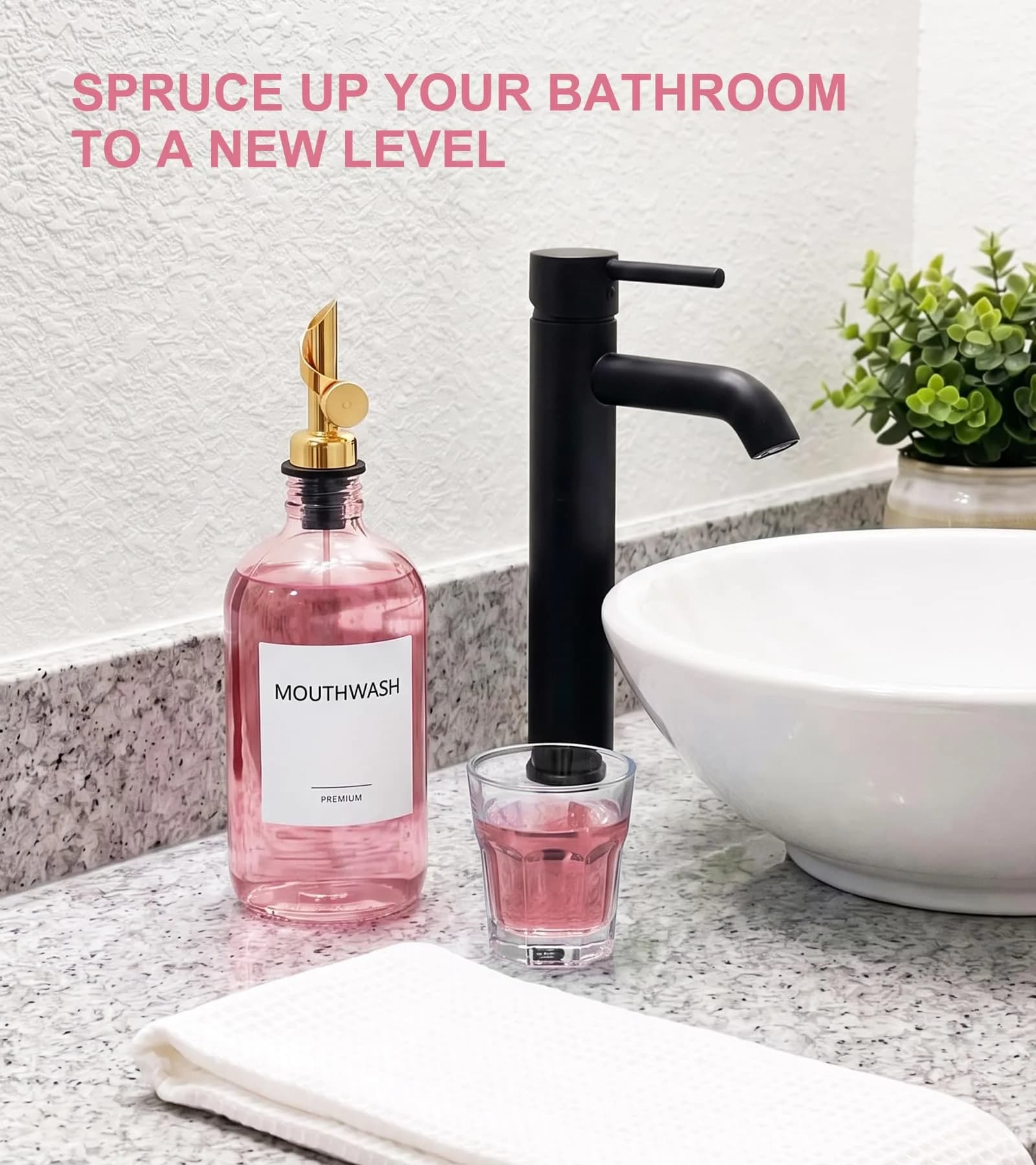 TOLDATLI Pink Glass Mouthwash Dispenser 502ml (17 fl oz) | Auto-Flip Cap for Precise Pouring - view 7