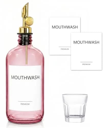 TOLDATLI Pink Glass Mouthwash Dispenser 502ml (17 fl oz) | Auto-Flip Cap for Precise Pouring thumbnail 1