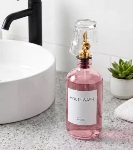 TOLDATLI Pink Glass Mouthwash Dispenser 502ml (17 fl oz) | Auto-Flip Cap for Precise Pouring thumbnail 8