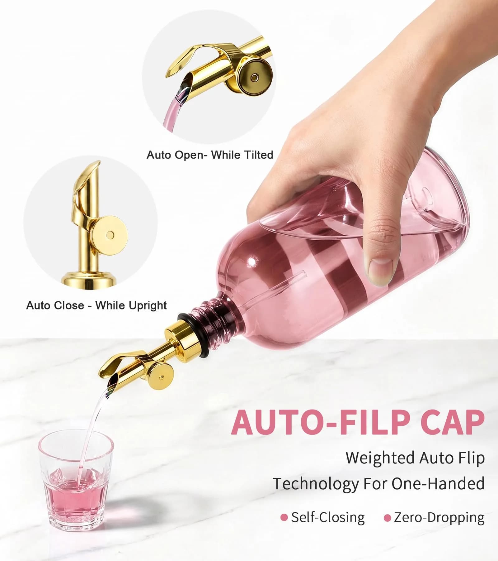 TOLDATLI Pink Glass Mouthwash Dispenser 502ml (17 fl oz) | Auto-Flip Cap for Precise Pouring - view 4