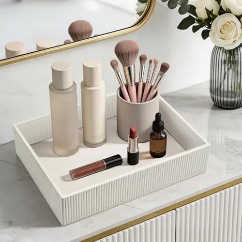 SITHON Valet Tray Desk Organizer PU Leather Catchall Stripe Pearl White 28cm (11in) x 22.5cm (8.9in) x 6cm (2.4in) | Modern Style Catchall Tray thumbnail 6