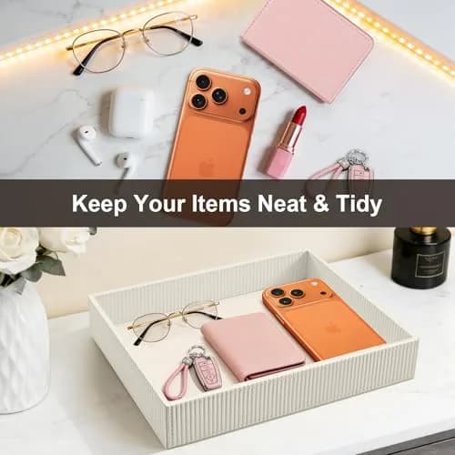 SITHON Valet Tray Desk Organizer PU Leather Catchall Stripe Pearl White 28cm (11in) x 22.5cm (8.9in) x 6cm (2.4in) | Modern Style Catchall Tray thumbnail 3