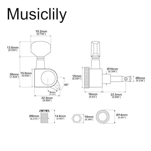 Musiclily Pro R15J Locking Tuning Pegs 6-in-line 15:1 Ratio Nickel | Sealed Die-Cast Zinc Alloy for Electric Guitars thumbnail 2