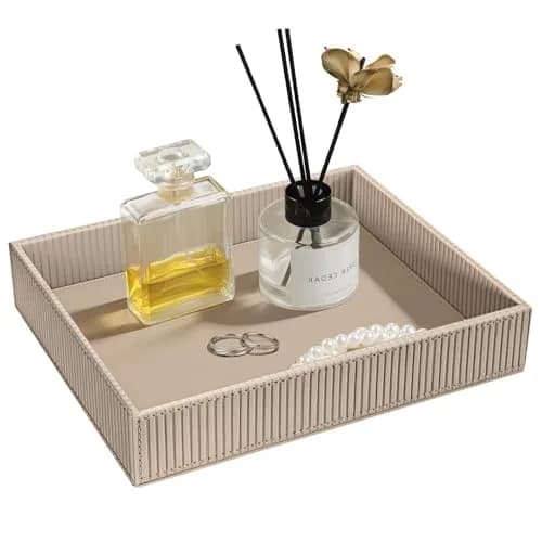 SITHON Valet Tray Desk Organizer PU Leather Catchall with Wood Structure, Stripe Latte | Modern Rectangular Organizer for Keys, Phones, Jewelry thumbnail 1