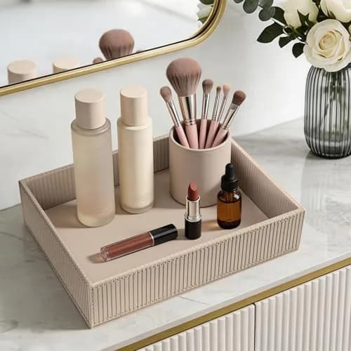 SITHON Valet Tray Desk Organizer PU Leather Catchall with Wood Structure, Stripe Latte | Modern Rectangular Organizer for Keys, Phones, Jewelry thumbnail 5