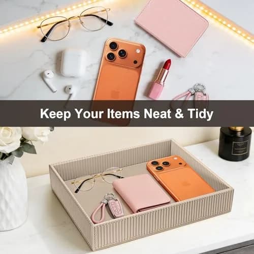 SITHON Valet Tray Desk Organizer PU Leather Catchall with Wood Structure, Stripe Latte | Modern Rectangular Organizer for Keys, Phones, Jewelry thumbnail 6