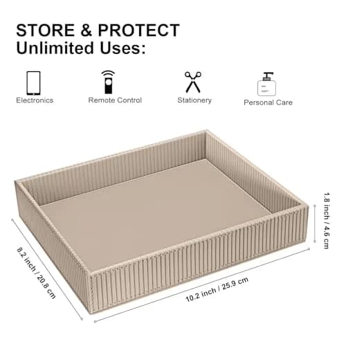 SITHON Valet Tray Desk Organizer PU Leather Catchall with Wood Structure, Stripe Latte | Modern Rectangular Organizer for Keys, Phones, Jewelry thumbnail 2