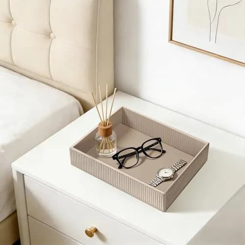 SITHON Valet Tray Desk Organizer PU Leather Catchall with Wood Structure, Stripe Latte | Modern Rectangular Organizer for Keys, Phones, Jewelry thumbnail 3