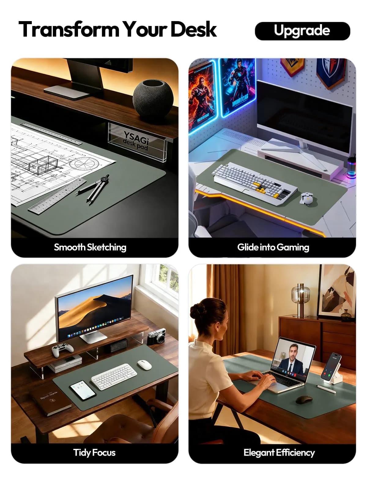 YSAGi Leather Desk Pad Protector, Large Mouse Pad, 55" x 17.2" | Protects Desk from Scratches, Stains, Spills - view 3