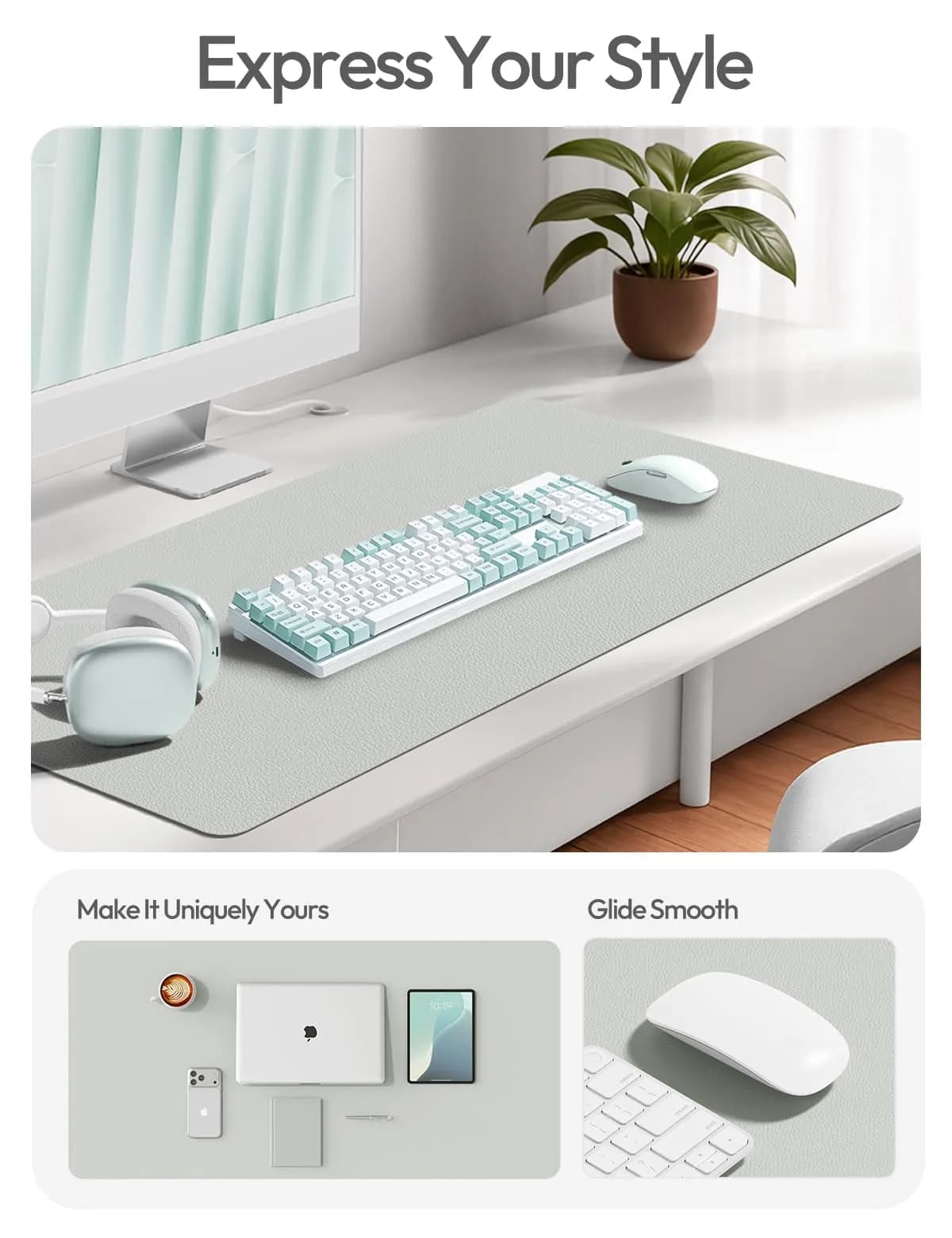 YSAGi PU Leather Desk Pad Protector, Large Mouse Pad, 55" x 17.2" (Light Grey) | Protects Your Desk from Scratches and Spills - view 3