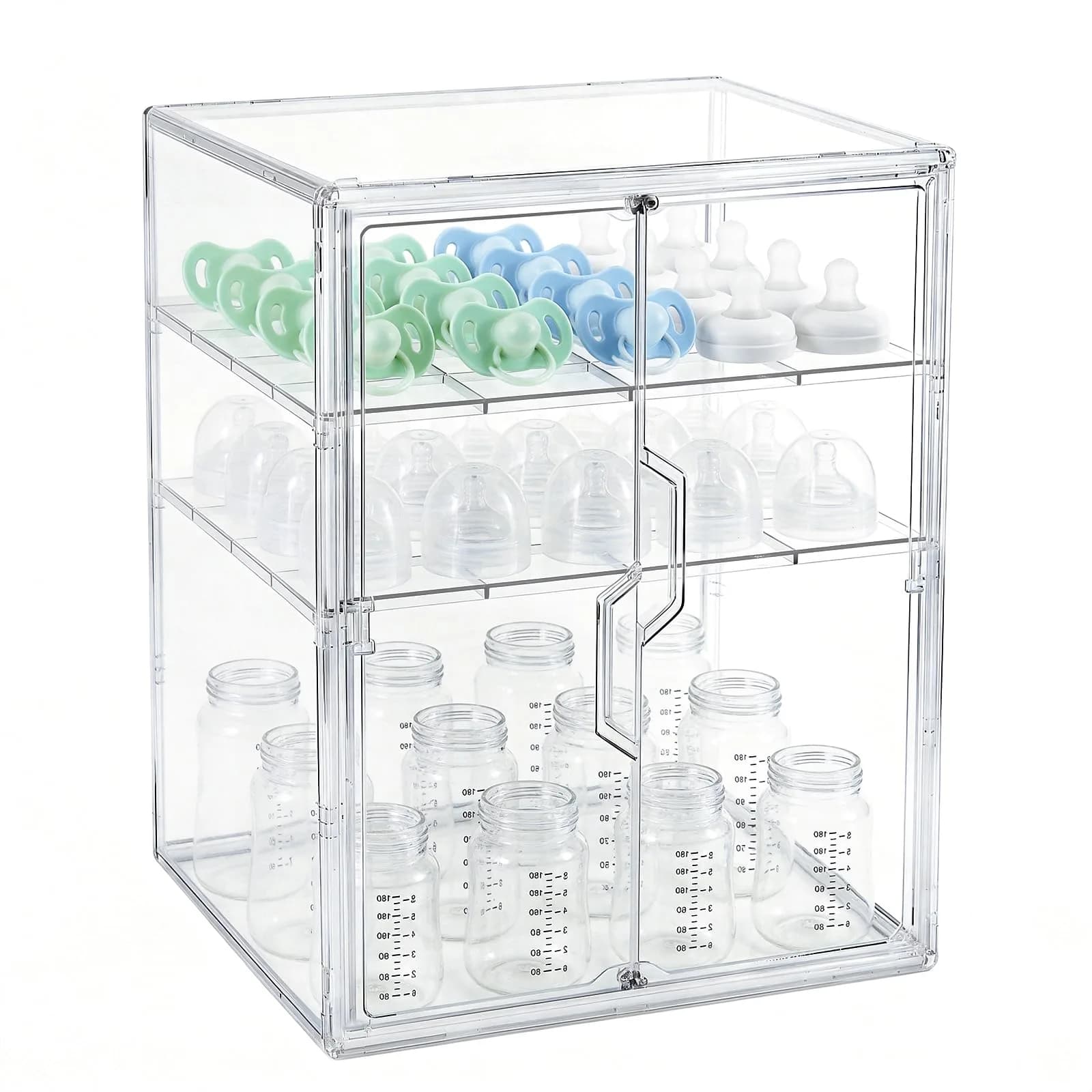 ERTIUANIO 3-Tier Baby Bottle Organizer with Double Doors & Removable Dividers | Clear Acrylic Countertop Storage Station (25.9cm L x 33.8cm W x 44.6cm H)