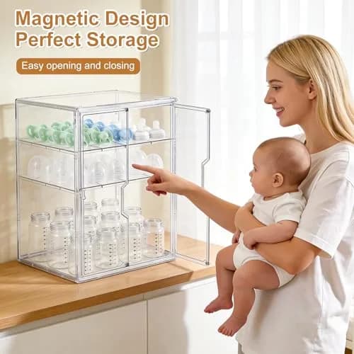 ERTIUANIO 3-Tier Baby Bottle Organizer with Double Doors & Removable Dividers | Clear Acrylic Countertop Storage Station (25.9cm L x 33.8cm W x 44.6cm H) thumbnail 4
