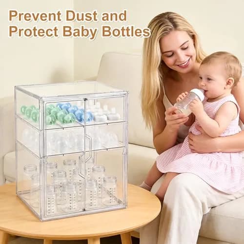ERTIUANIO 3-Tier Baby Bottle Organizer with Double Doors & Removable Dividers | Clear Acrylic Countertop Storage Station (25.9cm L x 33.8cm W x 44.6cm H) thumbnail 5