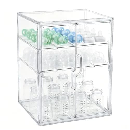 ERTIUANIO 3-Tier Baby Bottle Organizer with Double Doors & Removable Dividers | Clear Acrylic Countertop Storage Station (25.9cm L x 33.8cm W x 44.6cm H) thumbnail 1