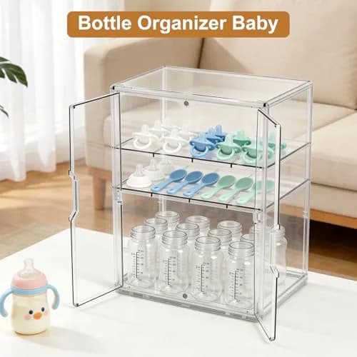 ERTIUANIO 3-Tier Baby Bottle Organizer with Double Doors & Removable Dividers | Clear Acrylic Countertop Storage Station (25.9cm L x 33.8cm W x 44.6cm H) thumbnail 7