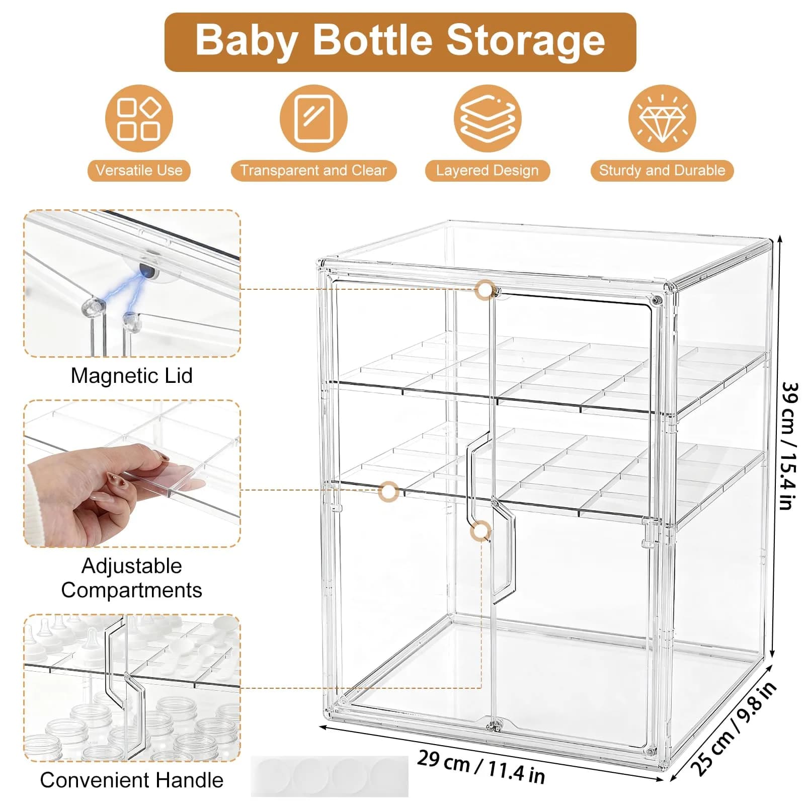 ERTIUANIO 3-Tier Baby Bottle Organizer with Double Doors & Removable Dividers | Clear Acrylic Countertop Storage Station (25.9cm L x 33.8cm W x 44.6cm H) - view 2