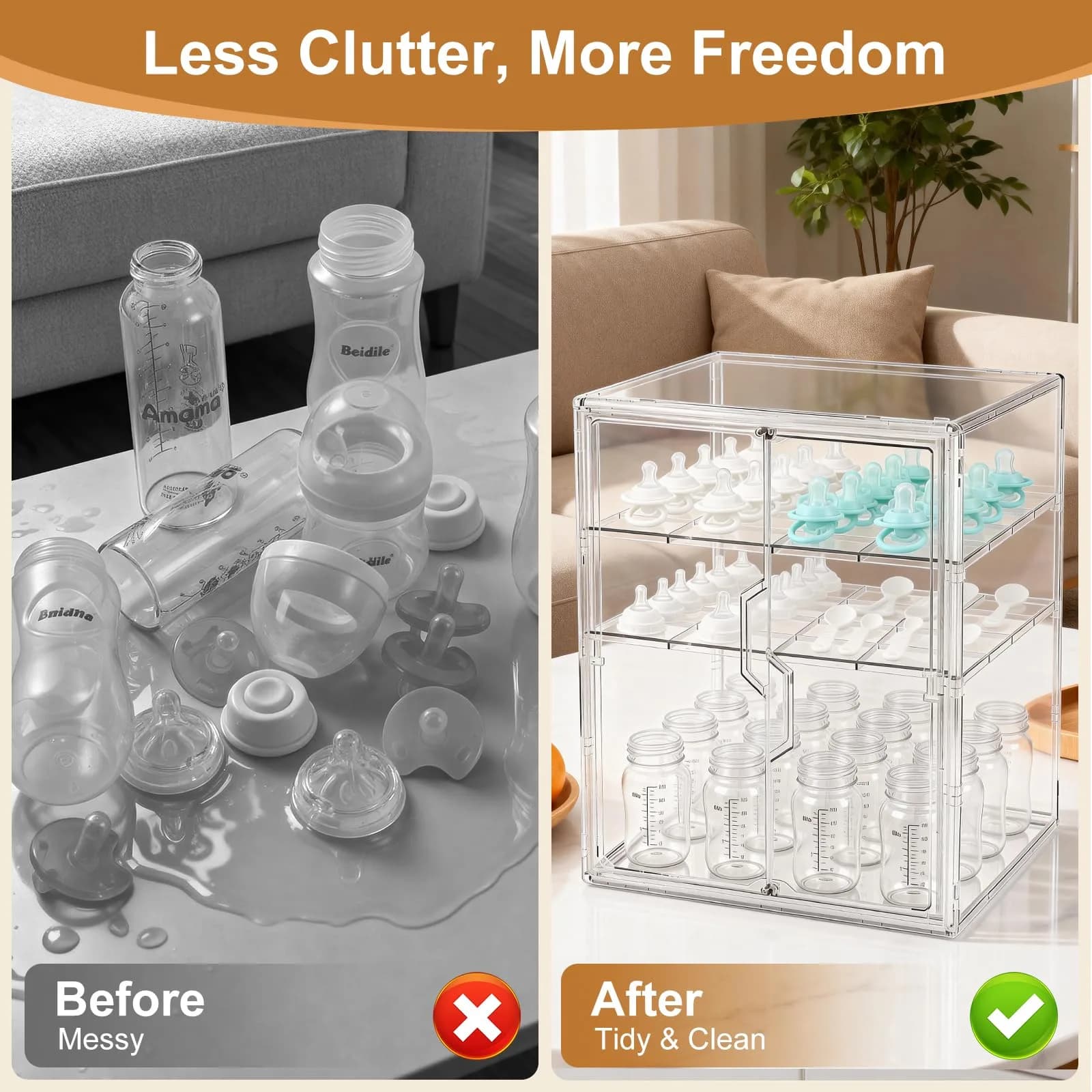ERTIUANIO 3-Tier Baby Bottle Organizer with Double Doors & Removable Dividers | Clear Acrylic Countertop Storage Station (25.9cm L x 33.8cm W x 44.6cm H) - view 3