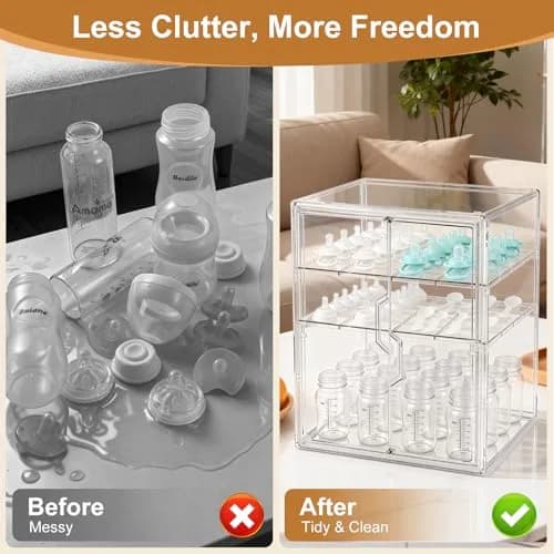 ERTIUANIO 3-Tier Baby Bottle Organizer with Double Doors & Removable Dividers | Clear Acrylic Countertop Storage Station (25.9cm L x 33.8cm W x 44.6cm H) thumbnail 3