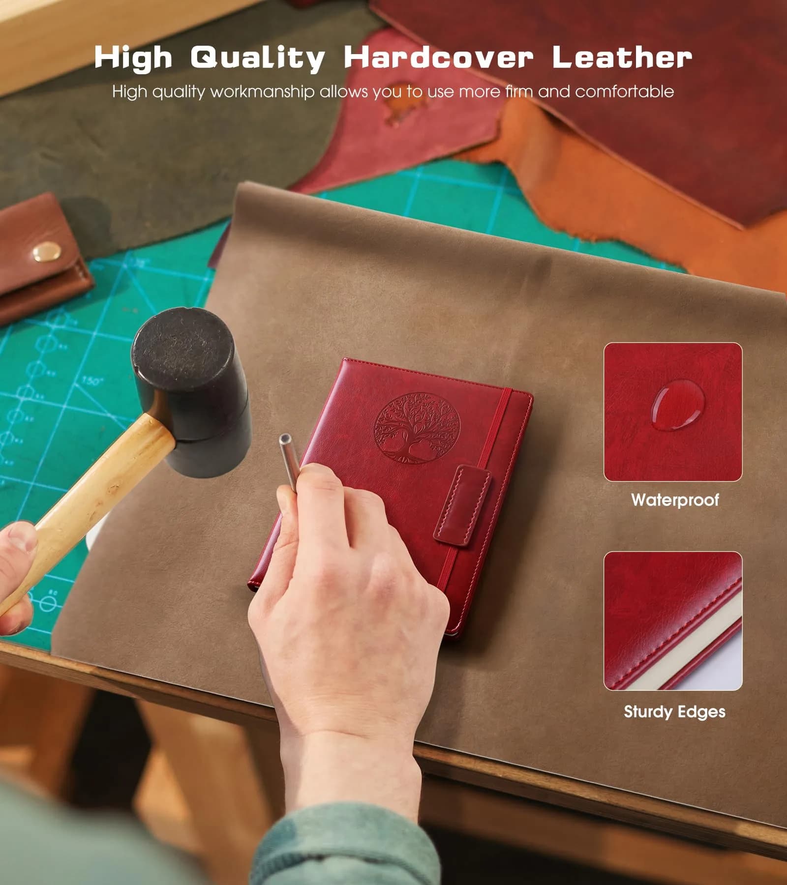 Biuwory A6 Leather Journal Notebook for Writing, 140 Pages Mini Notebook with Hardcover, 3.7"×5.7" Pocket Diary for Travel, Work, Students (Winered) - view 3