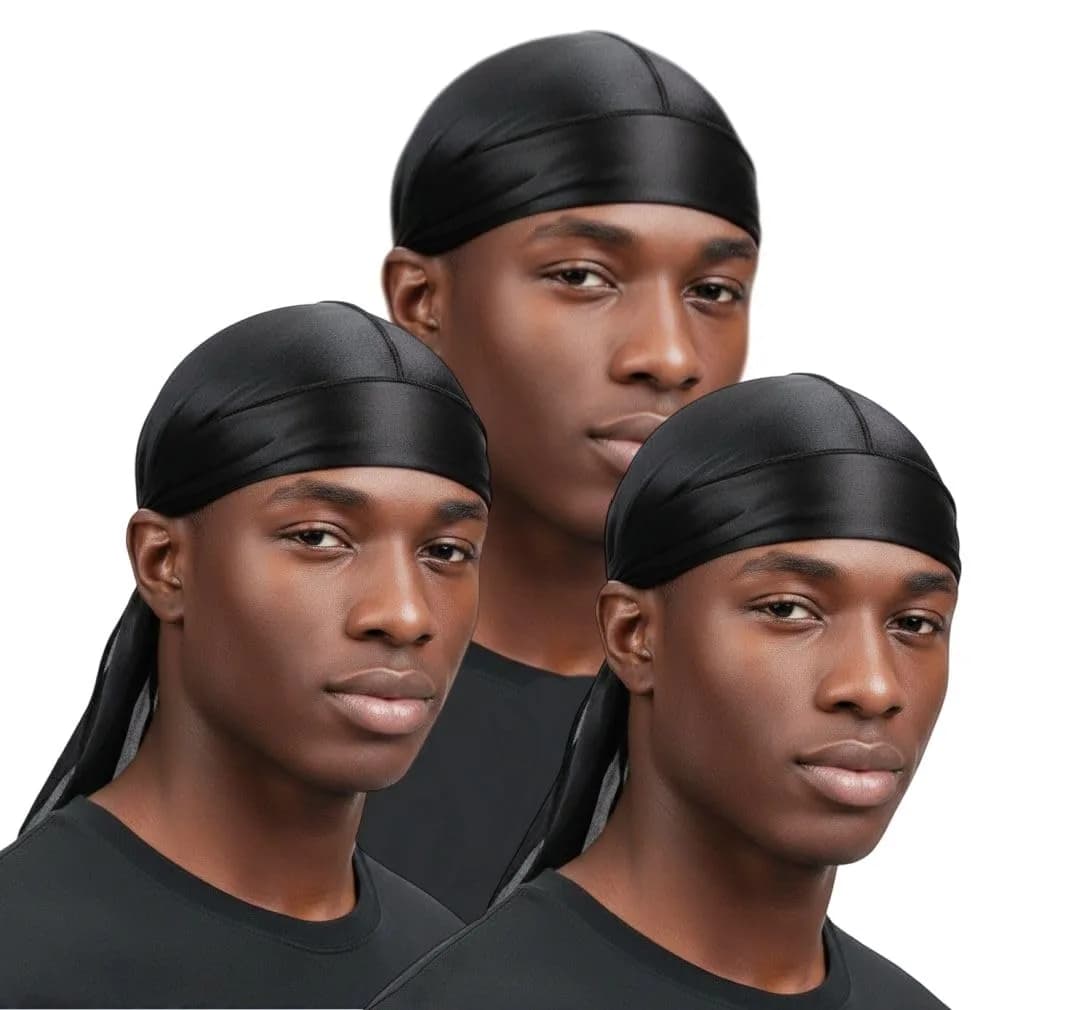 COCOSILK Black Silky Satin Durags 2 Pack | One Size Fits Most — Black + Black + Black