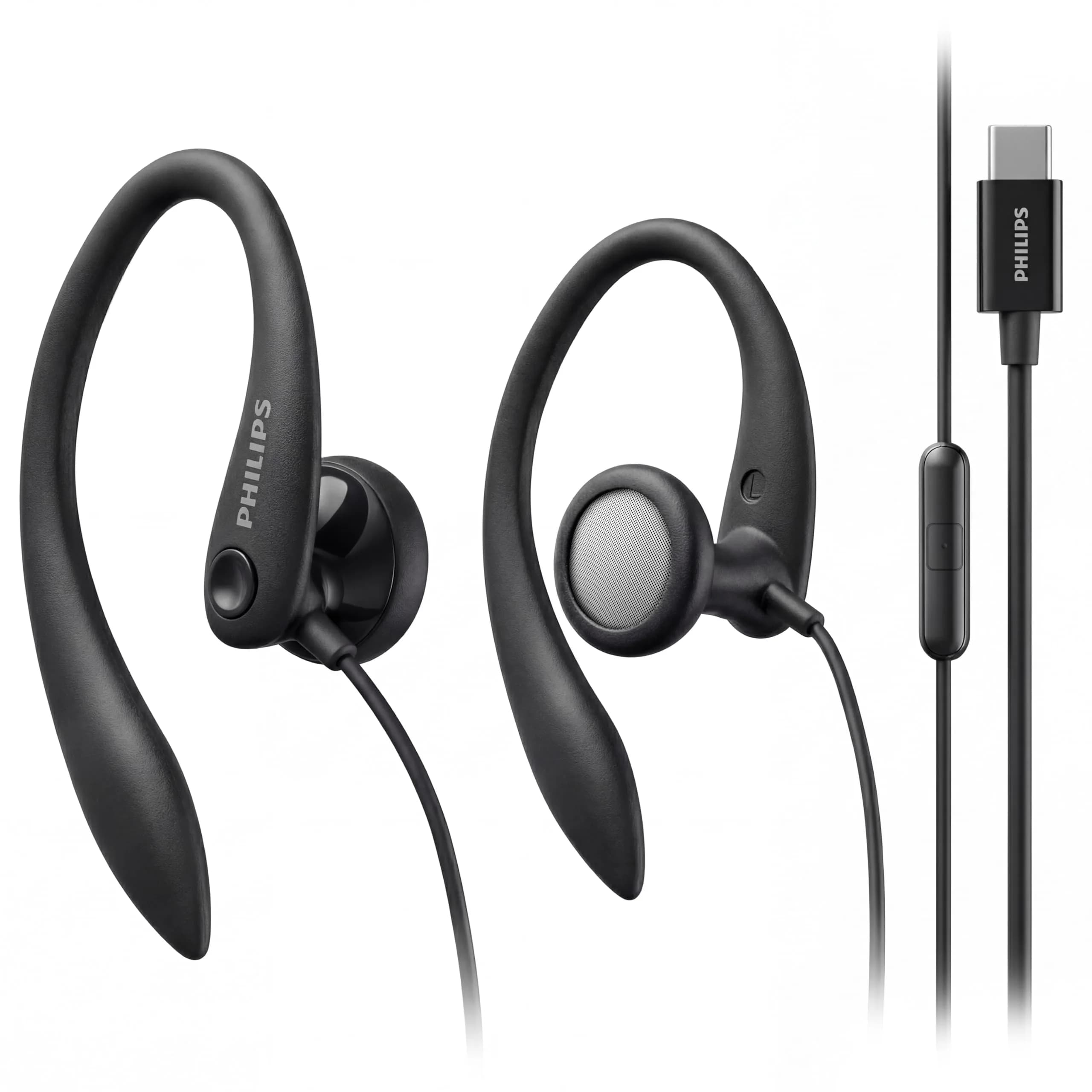 PHILIPS Headphones Black | Flexible Earhook, Wired, 3.5mm, 15mm Driver, 1.2m Cable, 1 Year Warranty — USB-C